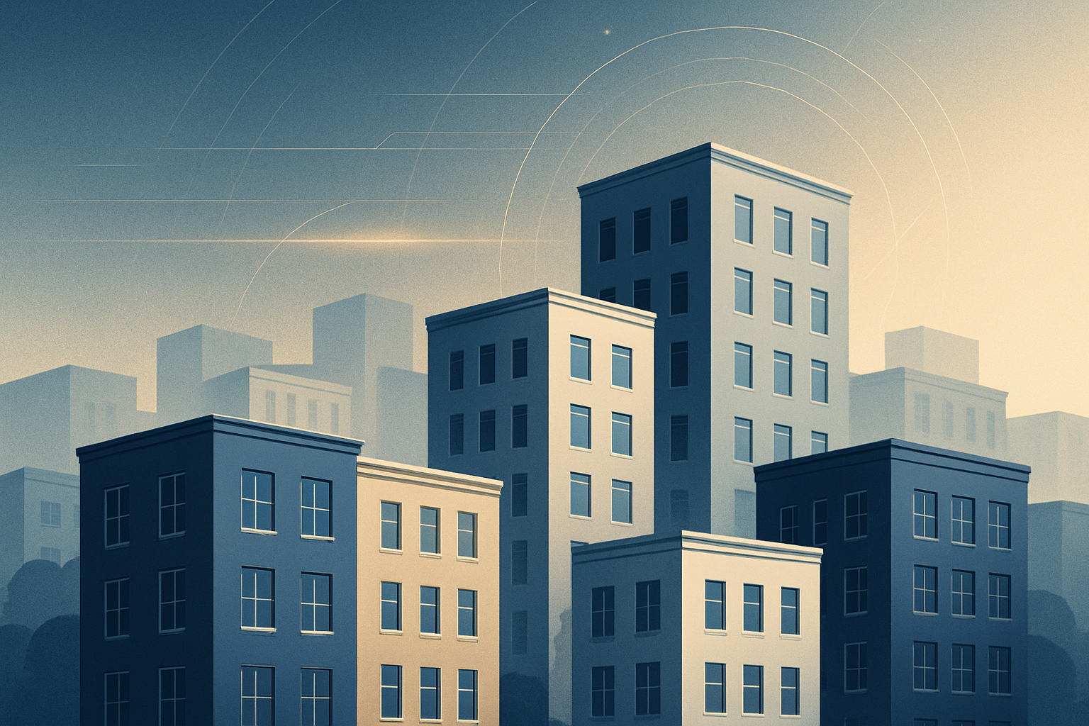 Stylized illustration of mid-rise apartment buildings, evoking the rhythm of refinancing cycles against a hazy, geometric cityscape backdrop.